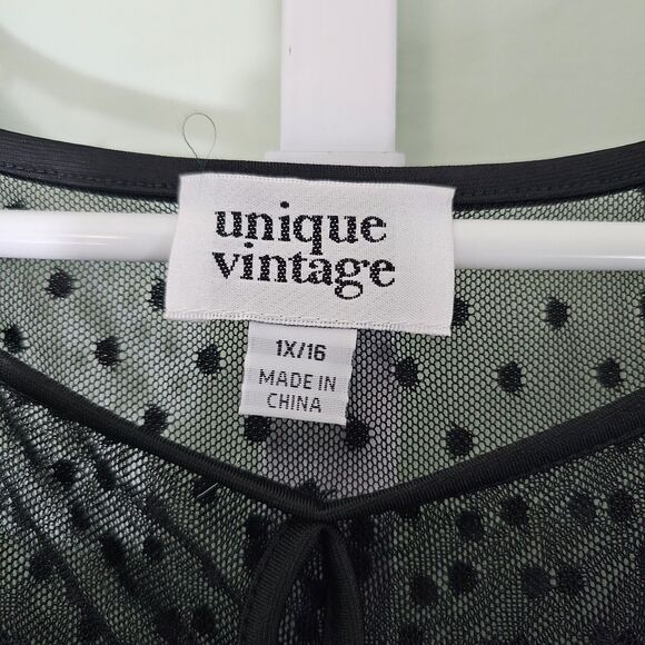 Unique Vintage Black Polka Dot Mesh 3/4 Sleeve Fitted Blouse Cherry Brooch 1X 16 - Picture 3 of 6